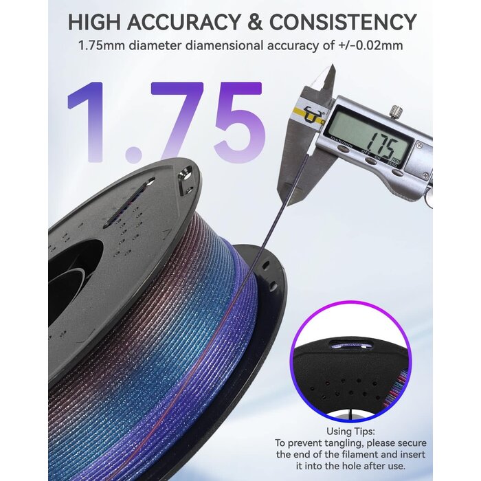 EPELAY-PLA-GLTTR-RNBW - Epelay Glitter Rainbow PLA 3D Printer Filament 1.75mm, .25kg Spool, Galaxy Chameleon Color-Changing Filament, Light-Reactive Effect, Accuracy +/- 0.02 mm, Fits Most FDM Printers