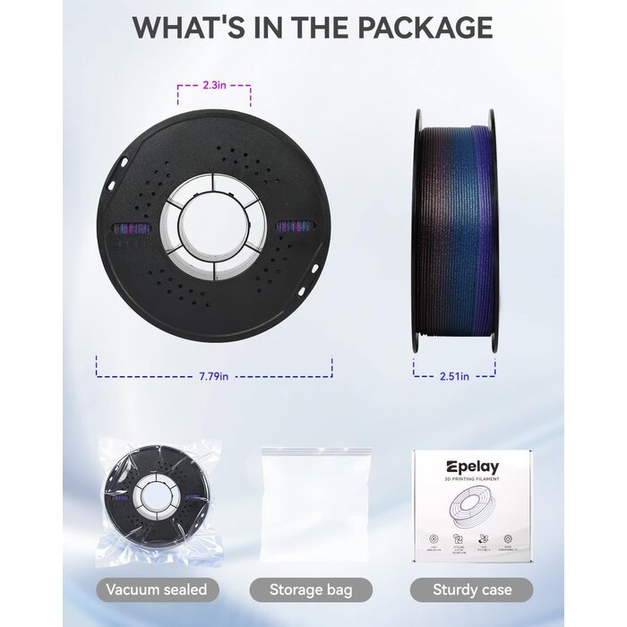 EPELAY-PLA-GLTTR-RNBW - Epelay Glitter Rainbow PLA 3D Printer Filament 1.75mm, .25kg Spool, Galaxy Chameleon Color-Changing Filament, Light-Reactive Effect, Accuracy +/- 0.02 mm, Fits Most FDM Printers