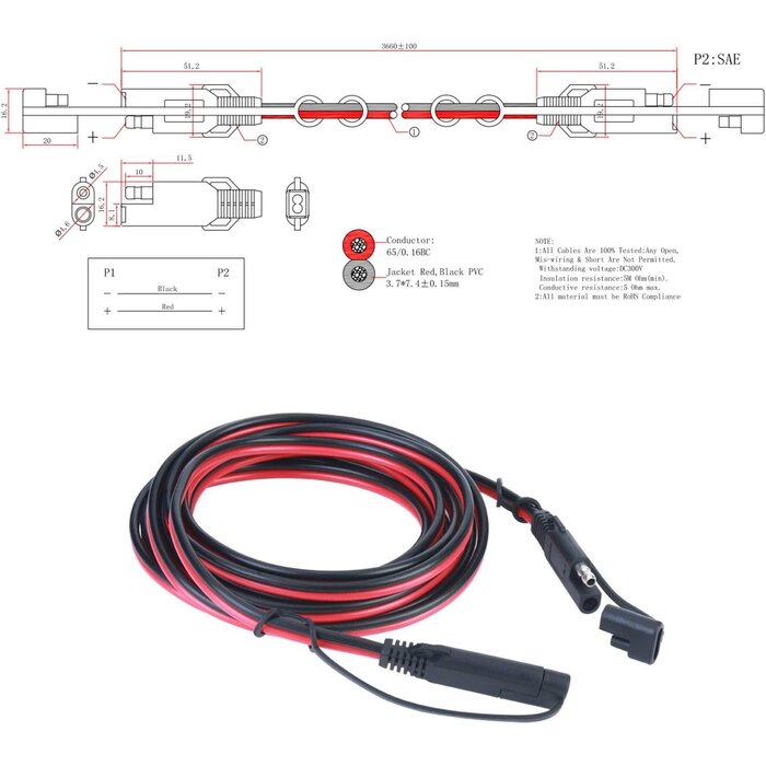 M/M-SLR-SCKT-12FT - Ovitar 12ft SAE Battery Charger Connector, 16AWG 2 Pin Bullet Quick Connect Disconnect Wire Harness for Solar Panel Battery Tender, Motorcycle, Cars, Tractor