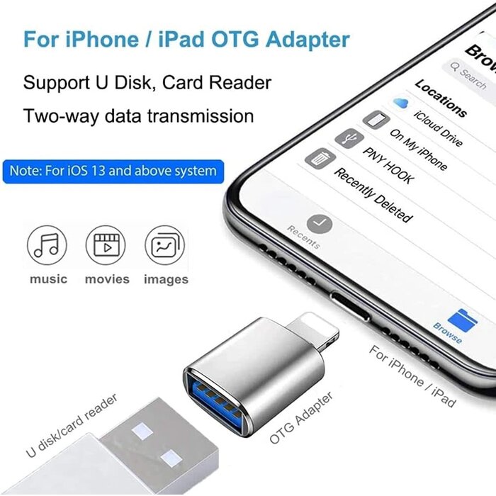 OTG2LIGHT - esbeecables (Apple MFi Certified) Lightning Male to USB Female Camera Adapter, Portable OTG Data Sync Converter for iPhone13/12/11/Xr/X/XS/8/7/Card Reader/Flash Drive/Mouse/MIDI Keyboard