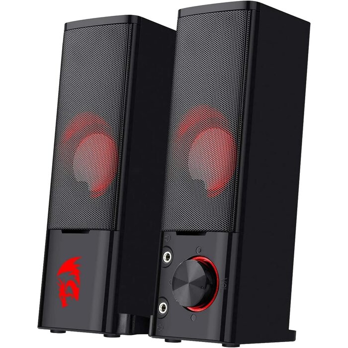 GS550 - Redragon PC Gaming Speakers, 2.0 Channel Desktop Computer Sound Bar with Compact Maneuverable Size, Headphone Jack, Quality Bass & Decent Red Backlit, USB Powered w/ 3.5mm Cable