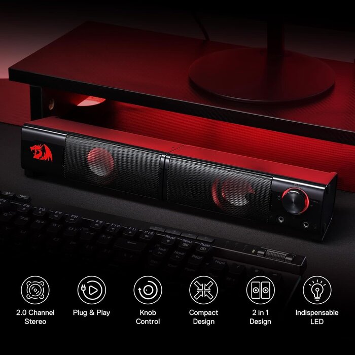 GS550 - Redragon PC Gaming Speakers, 2.0 Channel Desktop Computer Sound Bar with Compact Maneuverable Size, Headphone Jack, Quality Bass & Decent Red Backlit, USB Powered w/ 3.5mm Cable