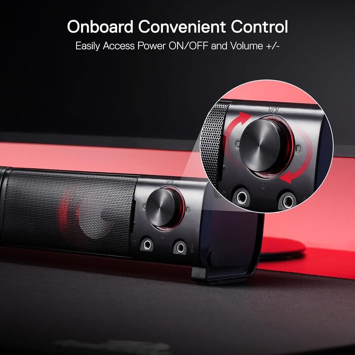GS550 - Redragon PC Gaming Speakers, 2.0 Channel Desktop Computer Sound Bar with Compact Maneuverable Size, Headphone Jack, Quality Bass & Decent Red Backlit, USB Powered w/ 3.5mm Cable