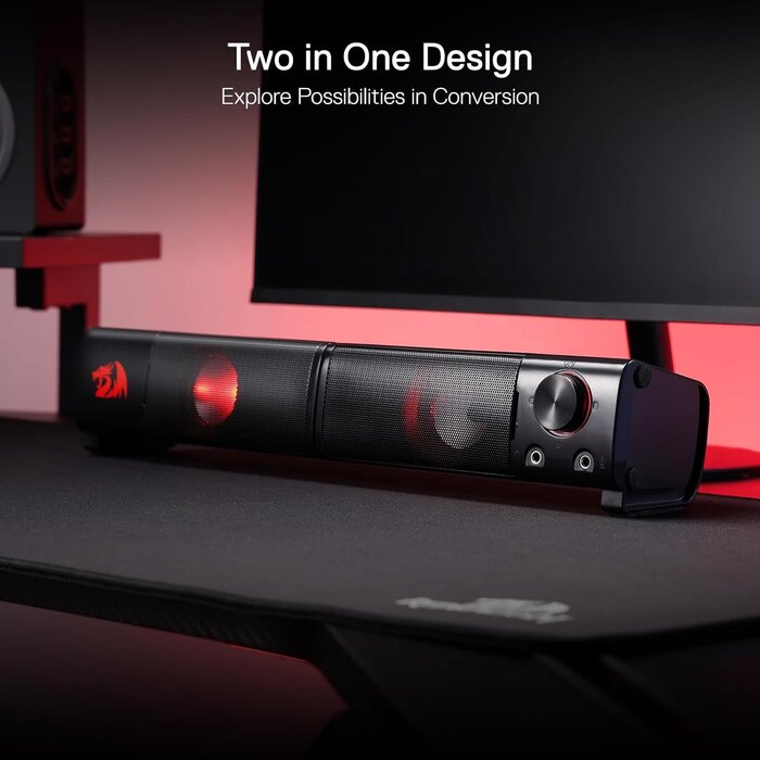 GS550 - Redragon PC Gaming Speakers, 2.0 Channel Desktop Computer Sound Bar with Compact Maneuverable Size, Headphone Jack, Quality Bass & Decent Red Backlit, USB Powered w/ 3.5mm Cable