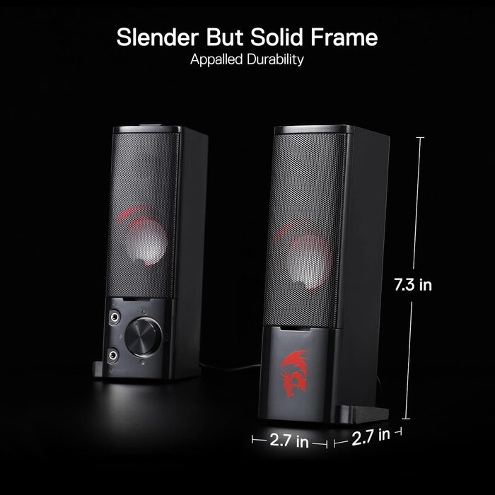 GS550 - Redragon PC Gaming Speakers, 2.0 Channel Desktop Computer Sound Bar with Compact Maneuverable Size, Headphone Jack, Quality Bass & Decent Red Backlit, USB Powered w/ 3.5mm Cable