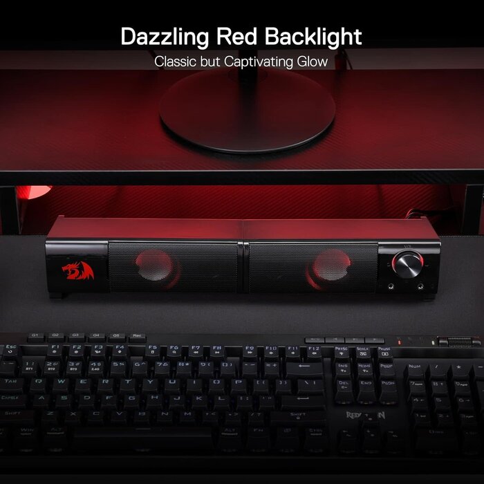 GS550 - Redragon PC Gaming Speakers, 2.0 Channel Desktop Computer Sound Bar with Compact Maneuverable Size, Headphone Jack, Quality Bass & Decent Red Backlit, USB Powered w/ 3.5mm Cable