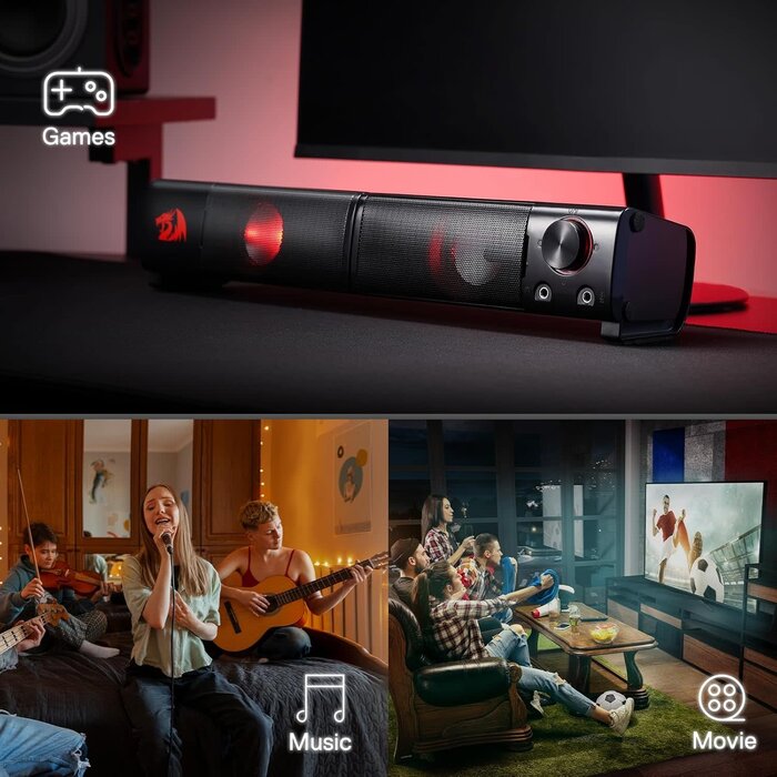 GS550 - Redragon PC Gaming Speakers, 2.0 Channel Desktop Computer Sound Bar with Compact Maneuverable Size, Headphone Jack, Quality Bass & Decent Red Backlit, USB Powered w/ 3.5mm Cable