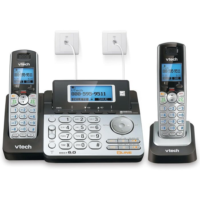 DS6151-2 - VTech 2-Line Expandable Cordless Phone System with 2 Handsets, Digital Answering System, Caller ID, DECT 6.0 - Home & Small Business (Black/Silver)