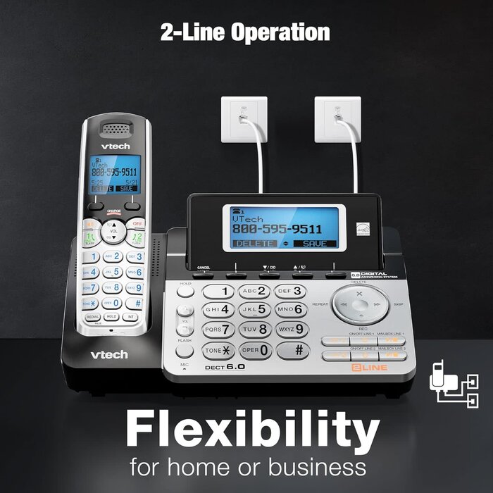 DS6151-2 - VTech 2-Line Expandable Cordless Phone System with 2 Handsets, Digital Answering System, Caller ID, DECT 6.0 - Home & Small Business (Black/Silver)