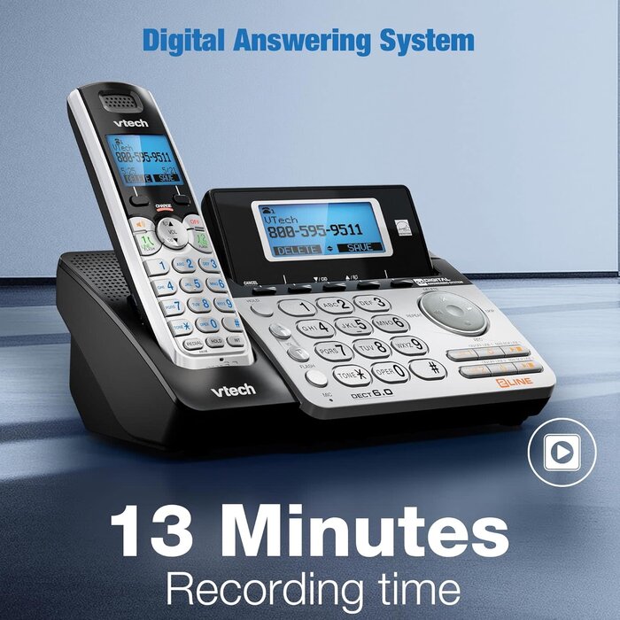 DS6151-2 - VTech 2-Line Expandable Cordless Phone System with 2 Handsets, Digital Answering System, Caller ID, DECT 6.0 - Home & Small Business (Black/Silver)