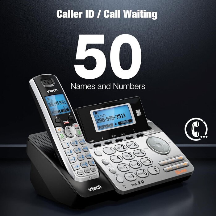 DS6151-2 - VTech 2-Line Expandable Cordless Phone System with 2 Handsets, Digital Answering System, Caller ID, DECT 6.0 - Home & Small Business (Black/Silver)