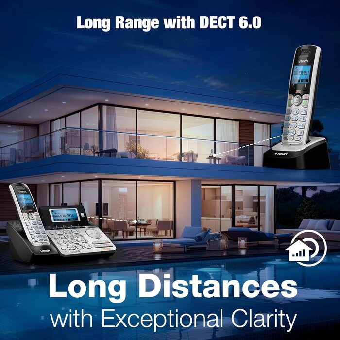 DS6151-2 - VTech 2-Line Expandable Cordless Phone System with 2 Handsets, Digital Answering System, Caller ID, DECT 6.0 - Home & Small Business (Black/Silver)