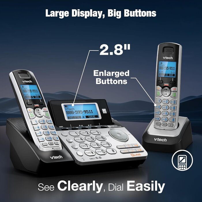 DS6151-2 - VTech 2-Line Expandable Cordless Phone System with 2 Handsets, Digital Answering System, Caller ID, DECT 6.0 - Home & Small Business (Black/Silver)
