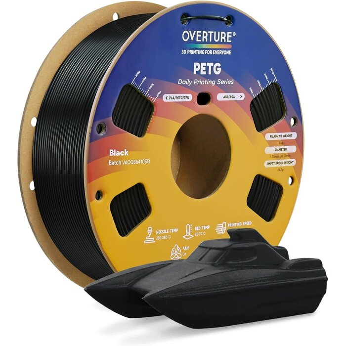 PETG JP A01 - OVERTURE Black PETG Filament 1.75mm, High Speed 3D Printer Filament, Neatly Wound & Clog-Free, 1kg Spool (2.2lbs) Rapid PETG, Dimensional Accuracy +/- 0.02mm, Fit Most FDM Printers