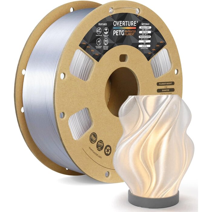 OVPETG175 - OVERTURE Transparent PETG Filament 1.75mm, High Speed 3D Printer Filament, Neatly Wound & Clog-Free, 1kg Spool (2.2lbs) Clear PETG, Dimensional Accuracy +/- 0.02mm, Fit Most FDM Printers