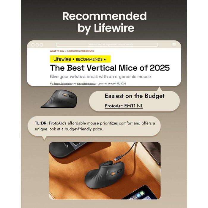 EM11-NL - ProtoArc Ergonomic Mouse, EM11 NL Bluetooth Rechargeable Wireless Vertical Mouse, 3 Multi-Device Connectivity for Computer/PC/Laptop, 2.4GHz USB-A Optical Mice for Windows, Mac OS, Black
