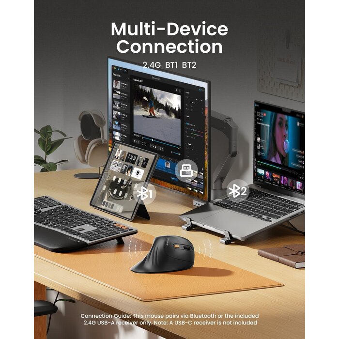 EM11-NL - ProtoArc Ergonomic Mouse, EM11 NL Bluetooth Rechargeable Wireless Vertical Mouse, 3 Multi-Device Connectivity for Computer/PC/Laptop, 2.4GHz USB-A Optical Mice for Windows, Mac OS, Black