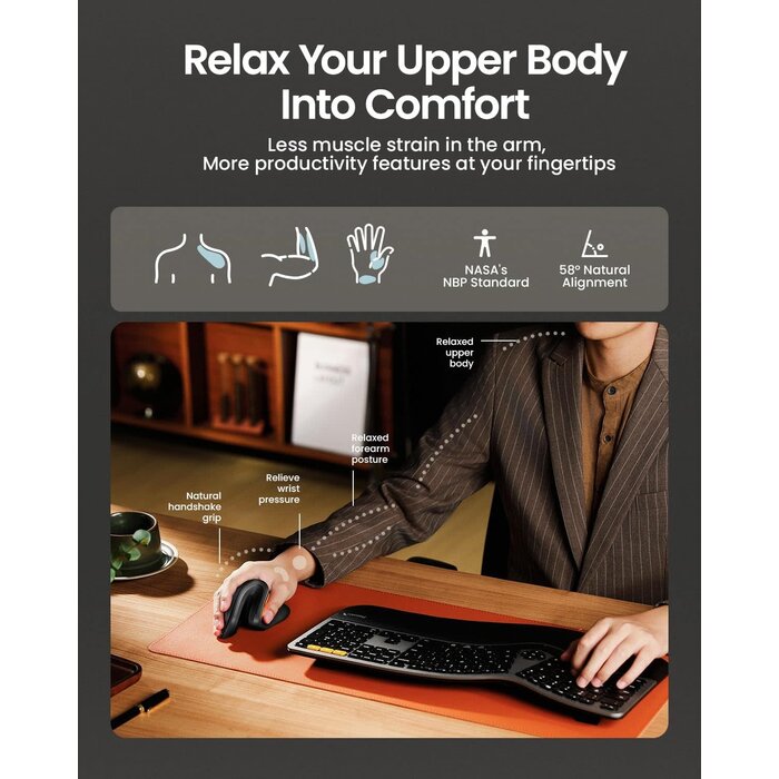EM11-NL - ProtoArc Ergonomic Mouse, EM11 NL Bluetooth Rechargeable Wireless Vertical Mouse, 3 Multi-Device Connectivity for Computer/PC/Laptop, 2.4GHz USB-A Optical Mice for Windows, Mac OS, Black