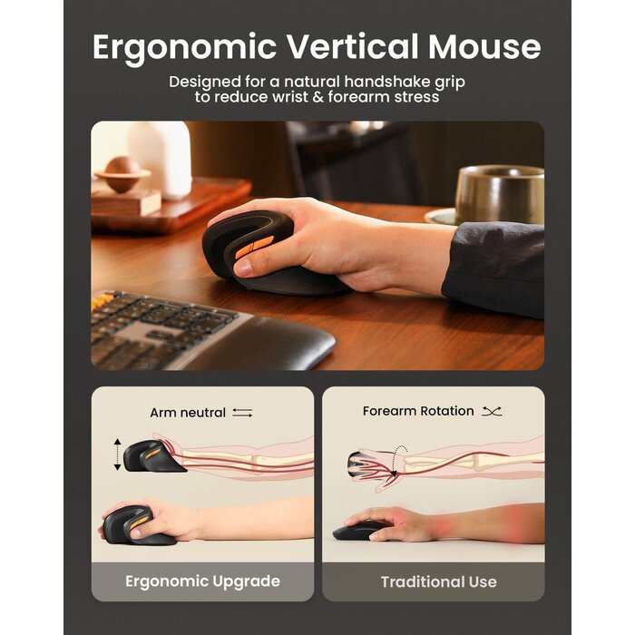 EM11-NL - ProtoArc Ergonomic Mouse, EM11 NL Bluetooth Rechargeable Wireless Vertical Mouse, 3 Multi-Device Connectivity for Computer/PC/Laptop, 2.4GHz USB-A Optical Mice for Windows, Mac OS, Black