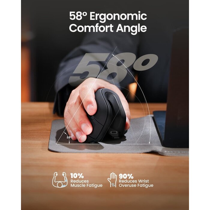 EM11-NL - ProtoArc Ergonomic Mouse, EM11 NL Bluetooth Rechargeable Wireless Vertical Mouse, 3 Multi-Device Connectivity for Computer/PC/Laptop, 2.4GHz USB-A Optical Mice for Windows, Mac OS, Black
