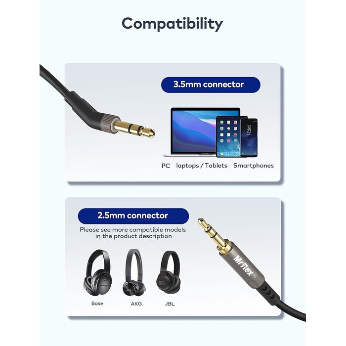 ZMDDE-01 - Mr Rex 3.5mm Male to 2.5mm Male Aux Cable, 5ft for Bose 700 QuietComfort QC45 QC35II QC35 QC25 Noise Cancelling Headphones, JBL E45BT E55BT E65BTNC Bluetooth Earphone, Audio Replacement Wire