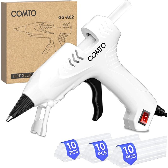 GLUE-GUN - COMTO Hot Glue Gun with 30 Sticks Kit, 20W Fast Preheating, Anti-Drop Nozzle with Anti-Scald Silicone Cap, Impact and Heat Resistant PC Casing, 55" Long Cord for DIY Craft & Home Repair - White
