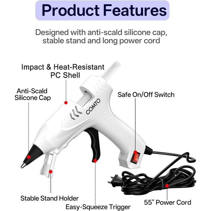 GLUE-GUN - COMTO Hot Glue Gun with 30 Sticks Kit, 20W Fast Preheating, Anti-Drop Nozzle with Anti-Scald Silicone Cap, Impact and Heat Resistant PC Casing, 55" Long Cord for DIY Craft & Home Repair - White