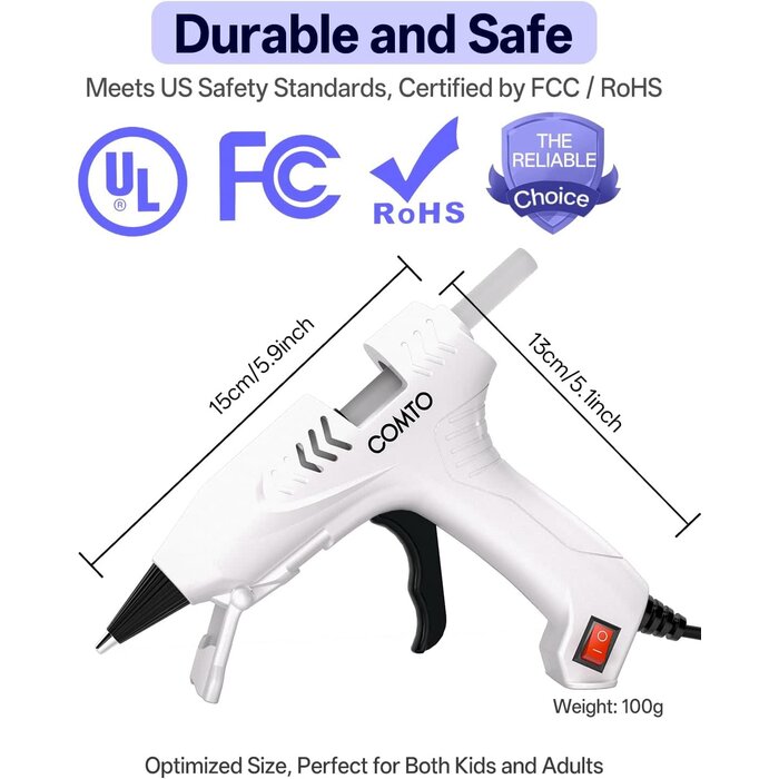 GLUE-GUN - COMTO Hot Glue Gun with 30 Sticks Kit, 20W Fast Preheating, Anti-Drop Nozzle with Anti-Scald Silicone Cap, Impact and Heat Resistant PC Casing, 55" Long Cord for DIY Craft & Home Repair - White