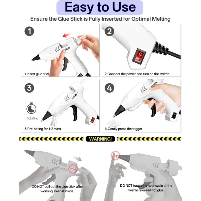 GLUE-GUN - COMTO Hot Glue Gun with 30 Sticks Kit, 20W Fast Preheating, Anti-Drop Nozzle with Anti-Scald Silicone Cap, Impact and Heat Resistant PC Casing, 55" Long Cord for DIY Craft & Home Repair - White