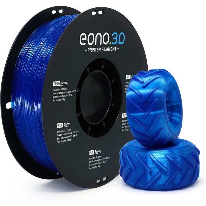 TPU-TRNSPT-BLU - EONO3D 95A Transparent Blue TPU Filament, 1.75mm, Flexible 3D Printer Filament, 1kg Spool (2.2 lbs), Soft & Durable, ±0.03mm Dimensional Accuracy, Ideal for Wearables, Phone Cases