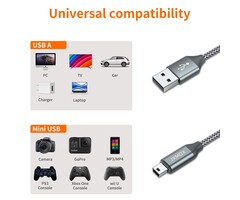 TRPUR030003 - JXMOX Mini USB-A Cable, 3.3ft USB 2.0 Type A Male to Mini B Charging Cord Compatible with Hero 3+, PS3 Controller, Digital Camera, Dash Cam, MP3 Player, Garmin Nuvi GPS, GPS Receiver