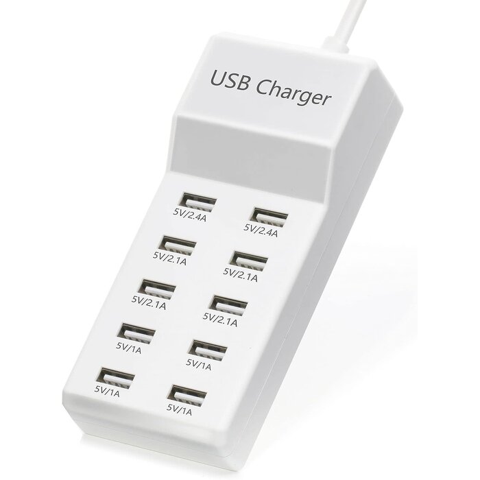 YC-A10 - Wyssay 50W 10-Port USB Charging Station for iPhone 15/15 Pro/15 Pro Max/15 Plus/14/13/12/11/Xs Max/XR/X/SE White
