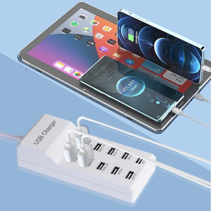YC-A10 - Wyssay 50W 10-Port USB Charging Station for iPhone 15/15 Pro/15 Pro Max/15 Plus/14/13/12/11/Xs Max/XR/X/SE White