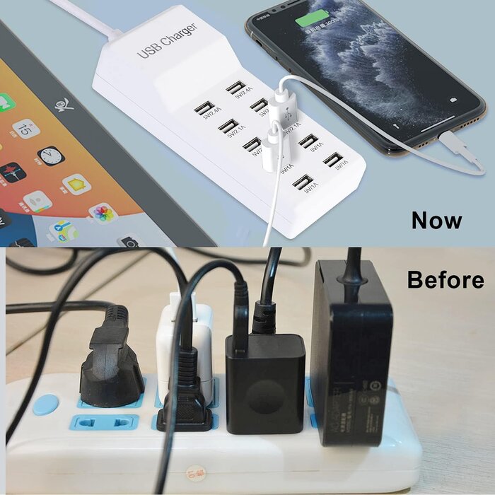 YC-A10 - Wyssay 50W 10-Port USB Charging Station for iPhone 15/15 Pro/15 Pro Max/15 Plus/14/13/12/11/Xs Max/XR/X/SE White