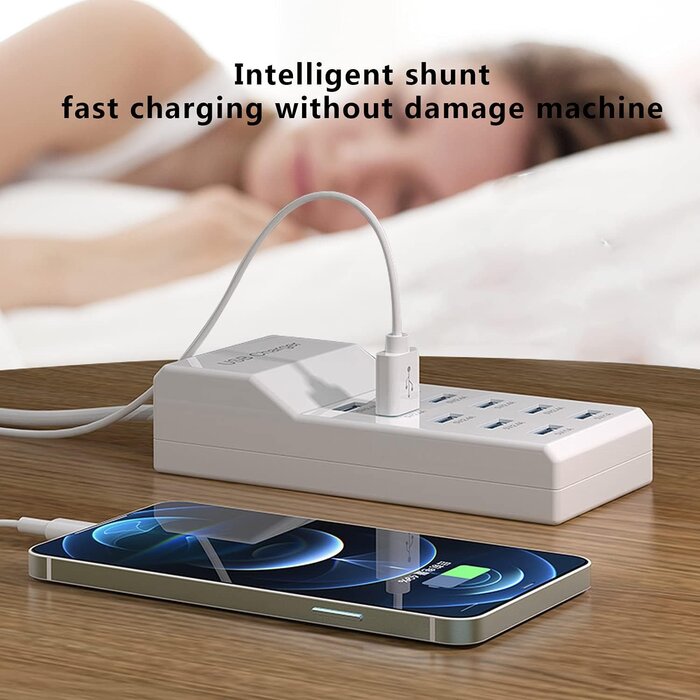 YC-A10 - Wyssay 50W 10-Port USB Charging Station for iPhone 15/15 Pro/15 Pro Max/15 Plus/14/13/12/11/Xs Max/XR/X/SE White