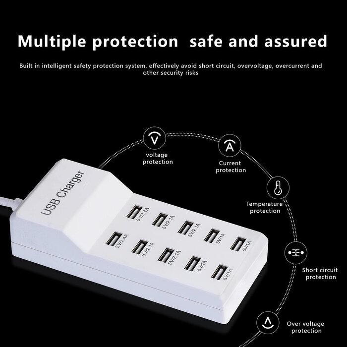 YC-A10 - Wyssay 50W 10-Port USB Charging Station for iPhone 15/15 Pro/15 Pro Max/15 Plus/14/13/12/11/Xs Max/XR/X/SE White