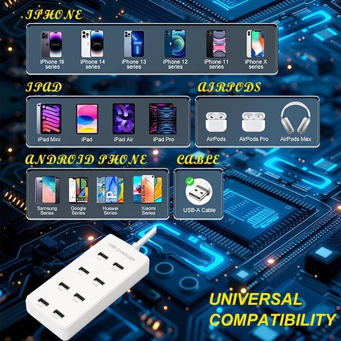 YXY-U8 - YiMoXiuYuan 60W 8-Port USB-A Desktop Portable Charging Station, Suitable for Charging Multiple Devices simultaneously, Super Compatible with Mobile Phones, Tablets, Bluetooth Earphones, and Other USB Charging Devices