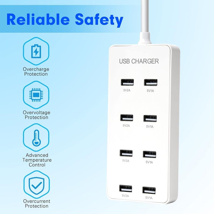 YXY-U8 - YiMoXiuYuan 60W 8-Port USB-A Desktop Portable Charging Station, Suitable for Charging Multiple Devices simultaneously, Super Compatible with Mobile Phones, Tablets, Bluetooth Earphones, and Other USB Charging Devices