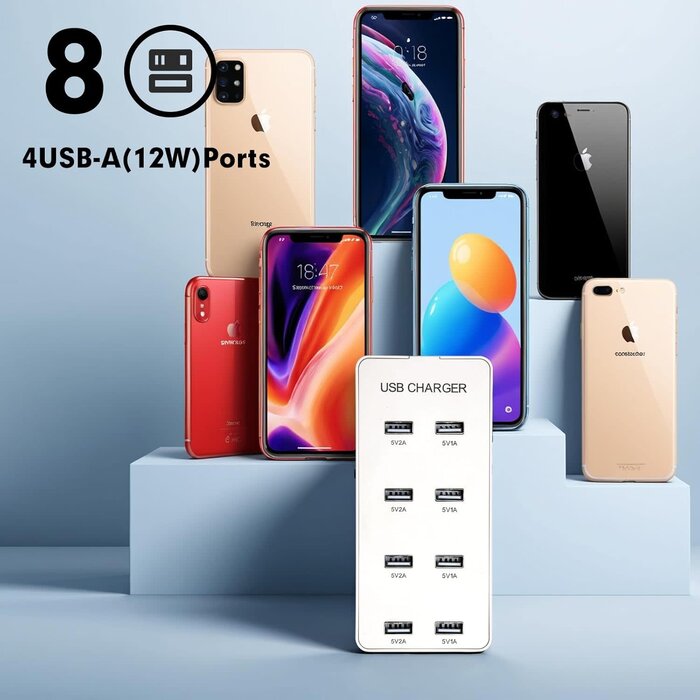 YXY-U8 - YiMoXiuYuan 60W 8-Port USB-A Desktop Portable Charging Station, Suitable for Charging Multiple Devices simultaneously, Super Compatible with Mobile Phones, Tablets, Bluetooth Earphones, and Other USB Charging Devices