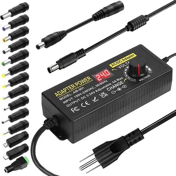 3-24V-5AMP-120W - Meiyue Adjustable Power Supply 3V~24V 5A 120W Universal 100V-240V AC/DC Power Adapter Converter 8V 12V 15V 18V 19V 20V 24V Power Supply with 14 DC Tips&Polarity Converter for LED Strip Light Printer Speaker