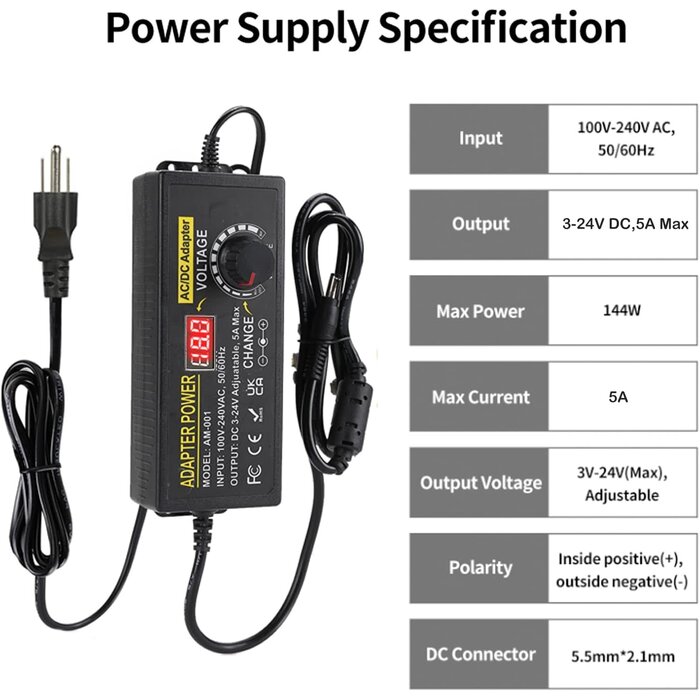 3-24V-5AMP-120W - Meiyue Adjustable Power Supply 3V~24V 5A 120W Universal 100V-240V AC/DC Power Adapter Converter 8V 12V 15V 18V 19V 20V 24V Power Supply with 14 DC Tips&Polarity Converter for LED Strip Light Printer Speaker