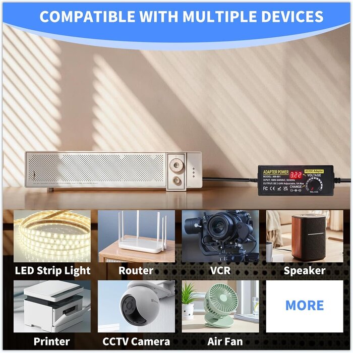 3-24V-5AMP-120W - Meiyue Adjustable Power Supply 3V~24V 5A 120W Universal 100V-240V AC/DC Power Adapter Converter 8V 12V 15V 18V 19V 20V 24V Power Supply with 14 DC Tips&Polarity Converter for LED Strip Light Printer Speaker
