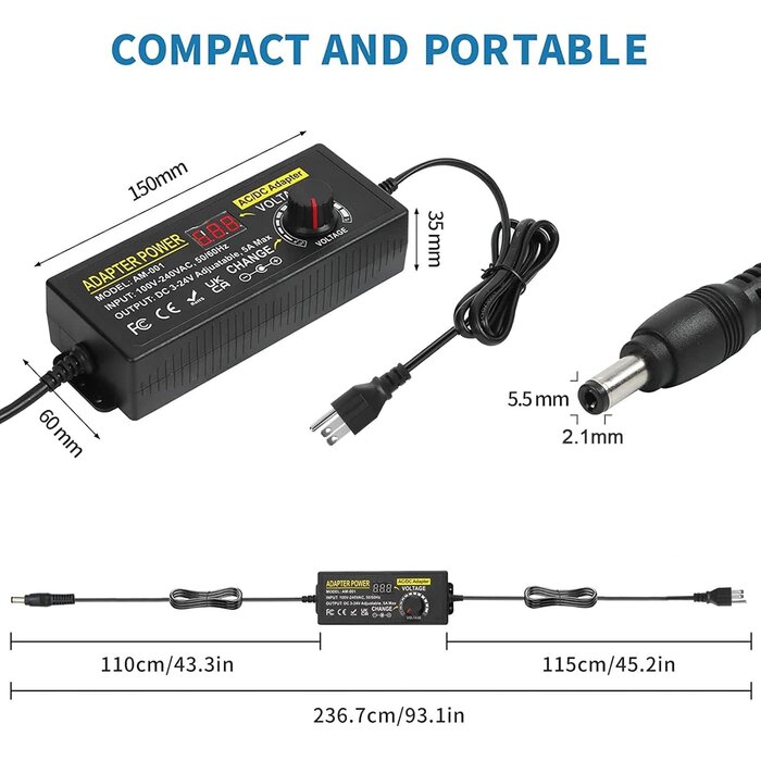3-24V-5AMP-120W - Meiyue Adjustable Power Supply 3V~24V 5A 120W Universal 100V-240V AC/DC Power Adapter Converter 8V 12V 15V 18V 19V 20V 24V Power Supply with 14 DC Tips&Polarity Converter for LED Strip Light Printer Speaker