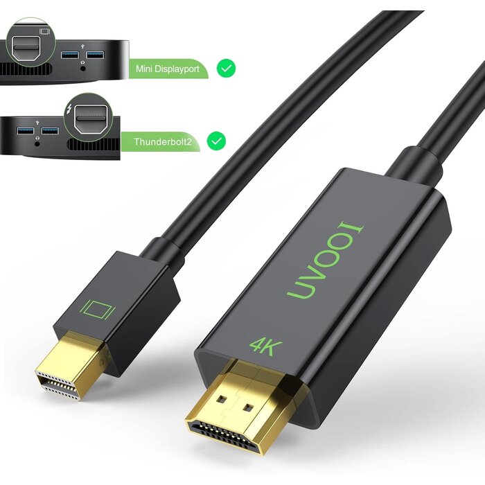 MINI-DP2HDMI-6FT -  UVOOI 4K Mini DisplayPort to HDMI Cable 6FT, Mini DP to HDMI Cable Adapter (4K@30Hz, 2K@60Hz, 1080P@120Hz) Compatible with Thunderbolt 2, MacBook Air/Pro, Surface Pro/Dock, Projector, Monitor