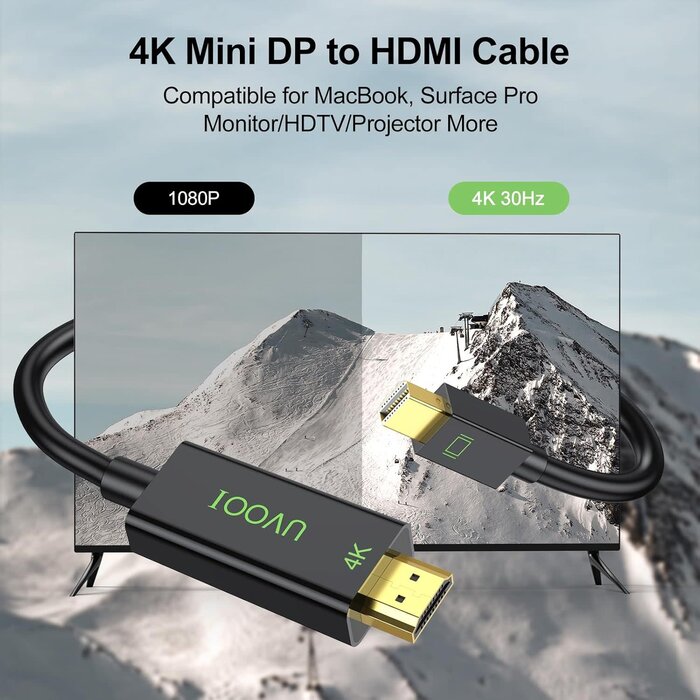 MINI-DP2HDMI-6FT -  UVOOI 4K Mini DisplayPort to HDMI Cable 6FT, Mini DP to HDMI Cable Adapter (4K@30Hz, 2K@60Hz, 1080P@120Hz) Compatible with Thunderbolt 2, MacBook Air/Pro, Surface Pro/Dock, Projector, Monitor