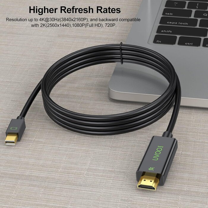MINI-DP2HDMI-6FT -  UVOOI 4K Mini DisplayPort to HDMI Cable 6FT, Mini DP to HDMI Cable Adapter (4K@30Hz, 2K@60Hz, 1080P@120Hz) Compatible with Thunderbolt 2, MacBook Air/Pro, Surface Pro/Dock, Projector, Monitor