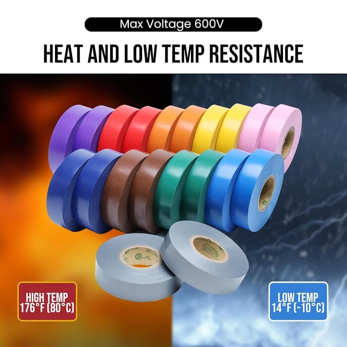 ETS-2075C2 - Lichamp Colored Electrical Tape Waterproof, 3/4 in x 66ft, Industrial Grade UL/CSA Listed High Temp Electrical Tape Colors Electric Super Vinyl, 2075C2