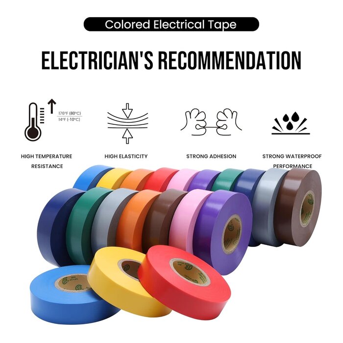 ETS-2075C2 - Lichamp Colored Electrical Tape Waterproof, 3/4 in x 66ft, Industrial Grade UL/CSA Listed High Temp Electrical Tape Colors Electric Super Vinyl, 2075C2