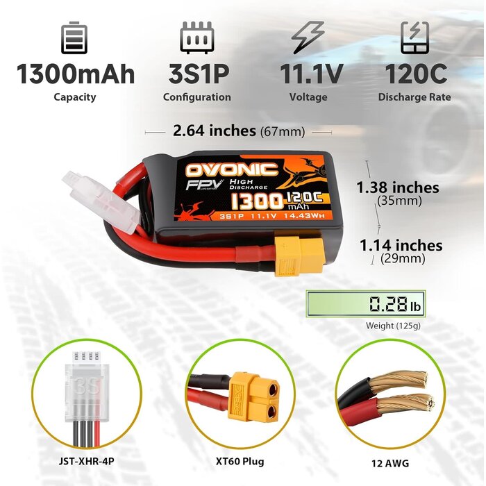OVONIC O-3S-11.1V-1300mAh-XT60 - OVONIC Lipo Battery 11.1V 120C 1300mAh 3S RC Battery with XT60 Plug for FPV Racing Drone Quadcopter Helicopter Airplane RC Boat RC Car RC Models