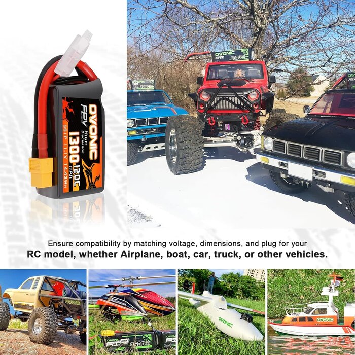 OVONIC O-3S-11.1V-1300mAh-XT60 - OVONIC Lipo Battery 11.1V 120C 1300mAh 3S RC Battery with XT60 Plug for FPV Racing Drone Quadcopter Helicopter Airplane RC Boat RC Car RC Models
